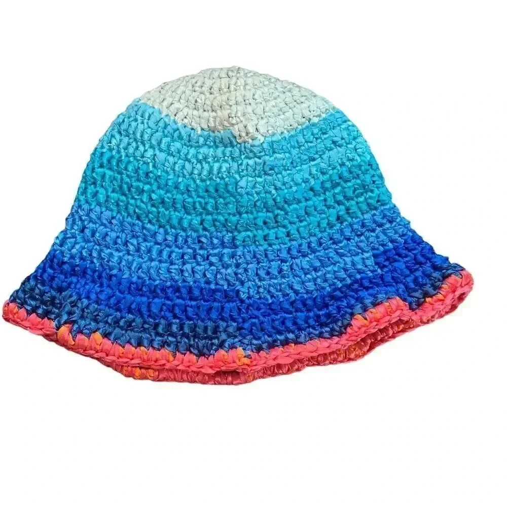Crochet Dolphin Bucket Hat Adult MEDIUM Size Sun Brim Blue/Pink Beach Vacation